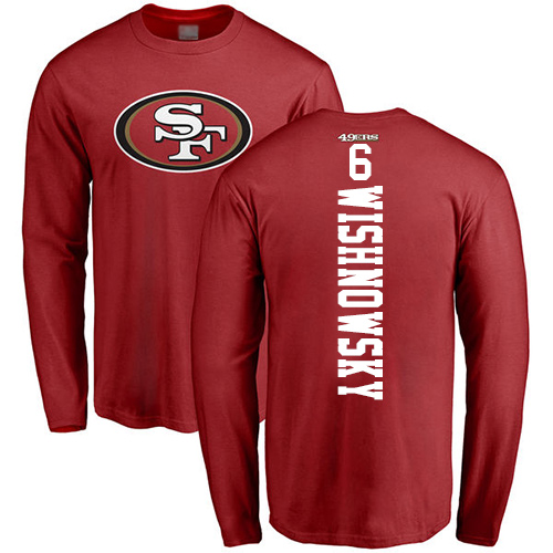 Men San Francisco 49ers Red Mitch Wishnowsky Backer #6 Long Sleeve NFL T Shirt->san francisco 49ers->NFL Jersey